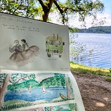 Mon projet du cours : Carnet de voyage à l'aquarelle : le lac de Vassivière . Traditional illustration, Painting, Sketching, Drawing, Watercolor Painting, Architectural Illustration, and Sketchbook project by Sandrine Lange Jeauffroy - 07.16.2023