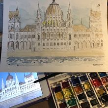 Watercolor Budapest Parlament . Painting, Drawing, Pencil Drawing, and Watercolor Painting project by Jesus Mario Melo - 07.29.2023