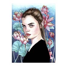 CHICA ENTRE FLORES DE LOTO. Un proyecto de Ilustración tradicional de Luz Stella Romero - 17.09.2020