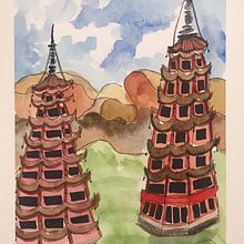 Sun and Moon Towers. Fine Arts, Sketching, Pencil Drawing, Drawing, Watercolor Painting, and Sketchbook project by Patty Habegger - 07.31.2023