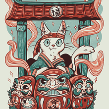 Good Luck Daruma Kitty - My project for course: Monetize your Illustrations by Transforming them into Products. Een project van Traditionele illustratie, Marketing, Digitale illustratie, Digitale tekening y Business van catieraart - 20.08.2023