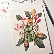 Dynastes Granti Hercules Rhino Beetle (Botanical Watercolor Painting of the Natural World) . Ilustrație tradițională, Pictura, Pictură în acuarelă, Ilustrație botanică & Ilustrație naturalistă de Elle Mckay - 08.25.2023