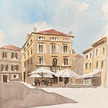 Mein Abschlussprojekt für den Kurs: Moderne Techniken für Stadtlandschaften in Aquarell. Pintura, e Pintura em aquarela projeto de Ursula - 25.09.2023