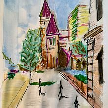 My project for course: Urban Sketching: Create Expressive Cityscapes. Un progetto di Pittura, Bozzetti, Disegno, Pittura ad acquerello, Sketchbook e Illustrazione con inchiostro di Robin Sandra - 17.10.2023