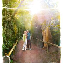 Couple and forest realistic watercolor portrait . Un proyecto de Ilustración tradicional, Bellas Artes, Dibujo a lápiz, Dibujo de Retrato, Dibujo realista, Dibujo artístico, Pintura a la acuarela y Dibujo con lápices de colores de Mentiradeloro Esther Cuesta - 10.10.2023