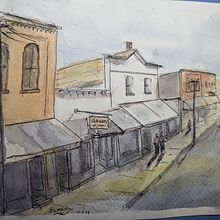 My project for course: Architectural Sketching with Watercolor and Ink, River St, Delano Minnesota, ca. 1930. Un proyecto de Bocetado, Dibujo, Pintura a la acuarela, Ilustración arquitectónica, Sketchbook e Ilustración con tinta de Steve Merten - 08.12.2023