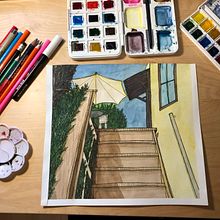 Meu projeto do curso: Ilustração de cenários charmosos com aquarela e caneta-tinteiro. Un proyecto de Pintura, Bocetado, Pintura a la acuarela, Ilustración arquitectónica e Ilustración con tinta de Aline Thomé - 22.12.2023