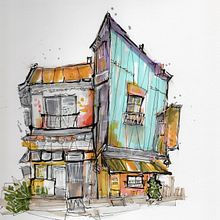 Mon projet du cours : Esquisses d'architecture expressives aux feutres de couleur. Esboçado, Desenho, Ilustração arquitetônica, Sketchbook e Ilustração com tinta projeto de Johanne Kirouac - 29.12.2023