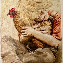 My grandson with his favorite chicken. Un proyecto de Pintura a la acuarela de Judy Graham - 29.12.2023
