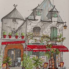 Petite auberge dans un village en France. Sketching, Drawing, Architectural Illustration, Sketchbook, Ink Illustration, Fine Arts, and Street Art project by veronique_lauron - 01.16.2024