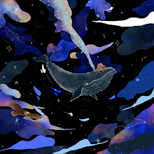 Whales in the stars. Un proyecto de Ilustración animada, Diseño de personajes, Dibujo, Dibujo artístico e Ilustración infantil de Paola - 21.10.2023