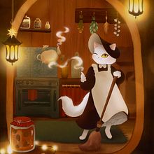 the sorceress cat invites you to drink tea with pine cone jam in her fairy tale. Un proyecto de Ilustración digital y Álbum ilustrado						 de Bahaukova Katsiaryna - 25.12.2023