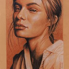 Retrato - tricromía con técnica  de "Tres tizas" sobre papel de color. Un proyecto de Dibujo a lápiz, Dibujo de Retrato, Dibujo realista, Dibujo, Dibujo artístico, Dibujo con lápices de colores y Bellas Artes de Néstor Canavarro - 18.04.2024