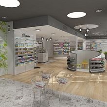 FARMACIA TUDOR. Un proyecto de Br, ing e Identidad, Diseño, creación de muebles					, Diseño de interiores, Arquitectura interior, Diseño de iluminación, Creatividad, Modelado 3D y Retail Design de Anais Chico - 07.10.2017