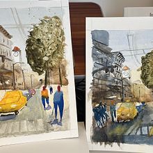 My project for course: Urban Landscapes in Watercolor. Projekt z dziedziny  Sztuki piękne, Malowanie akwarelą,  R i sunek architektoniczn użytkownika Lucy Brewer - 29.02.2024
