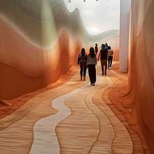 The photo shows a creative indoor walkway that looks like a wavy landscape. The path has smooth, curving lines in different shades of beige, brown, and white, making it look like sand dunes or layers of rock. The walls and floor are covered with carpet th. Un proyecto de Diseño de interiores de zarifmammadzada - 16.06.2024