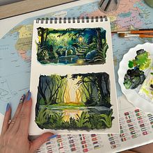 My project for course: Fantasy Landscapes with Watercolor & Gouache. Un progetto di Belle arti, Pittura, Pittura ad acquerello, Illustrazione naturalistica e Pittura gouache di Eva F - 20.07.2024