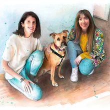 Women and dog family portrait drawing Ein Projekt aus dem Bereich Traditionelle Illustration, Illustration mit Tinte, Editorial Illustration, Porträtzeichnung, Aquarellmalerei und Zeichnen mit Buntstiften von Mentiradeloro Esther Cuesta - 11.05.2024