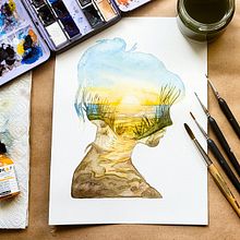 Double Exposure. Traditional illustration, Watercolor Painting, Realistic Drawing, and Naturalistic Illustration project by Eva Wieneke - 08.04.2024