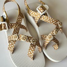 Mustard Chaco Sandals with Roses and Pearls . Embroider, Fiber Arts, Arts, and Crafts project by Erin McDonald - 06.04.2024