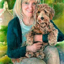 Woman and dog family portrait drawing by Mentiradeloro. Un proyecto de Dibujo, Dibujo a lápiz, Dibujo de Retrato, Dibujo realista, Dibujo artístico, Dibujo con lápices de colores y Pintura a la acuarela de Mentiradeloro Esther Cuesta - 30.09.2024