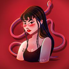 Red snake girl illustration - cartoon character. Digital Illustration, and Character Design project by Lucy Kolotilina - 10.15.2024
