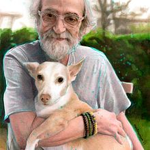 Man and dog family portrait drawing. Un proyecto de Ilustración tradicional, Dibujo, Artesanía, Dibujo a lápiz, Dibujo de Retrato, Dibujo artístico, Dibujo realista, Dibujo con lápices de colores, Ilustración editorial, Ilustración con tinta, Ilustración naturalista				 y Álbum ilustrado						 de Mentiradeloro Esther Cuesta - 16.12.2024