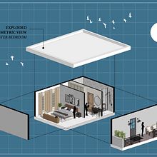 Master Bedroom- Exploded Axonometric View. Projekt z dziedziny  Architektura, Wizualizacja architektoniczna, Architektura c, frowa, Projektowanie wnętrz, Projektowanie przestrzeni, 3D, Projektowanie graficzne, Ilustracja c, frowa i  Projektowanie 3D użytkownika Aparna Chintaluri - 12.01.2025