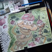 Proyecto final "La aldea champiñón". Traditional illustration, Architectural Illustration, Watercolor Painting, and Sketchbook project by Giovanni Iglesias Ruiz - 01.20.2025