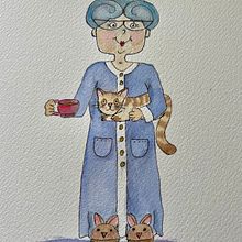My cat loving Grannie character for my final project Expressive Character design. Un proyecto de Dibujo artístico, Diseño de personajes, Ilustración infantil, Dibujo, Ilustración tradicional, Narrativa, Pintura, Bocetado, Stor, telling y Pintura a la acuarela de Christine Sniadach - 20.01.2025