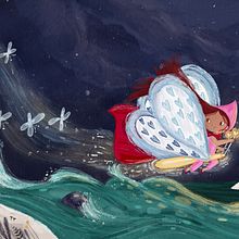 In pink hood and superman cape, flying off on a glowing butterfly. Children's Illustration, Digital Illustration, Digital Painting, and Picturebook project by Faithlina - 01.22.2025
