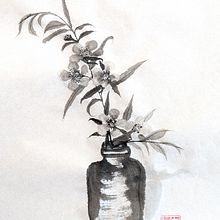 Sumi-e painting of Australian tea tree flowers in a vase. Un proyecto de Dibujo, Ilustración tradicional, Ilustración con tinta, Bellas Artes y Pintura de Adele Vincent - 23.01.2025