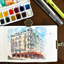 My project: Architectural Sketching with Watercolor and Ink. Drawing, Watercolor Painting, Architectural Illustration, Sketchbook, Ink Illustration, and Sketching project by catnoodles - 02.01.2025