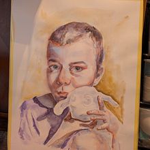 Little boy with his sheep . Fine Arts, Portrait Drawing, Painting, and Watercolor Painting project by Natalia Nagy - 01.27.2025