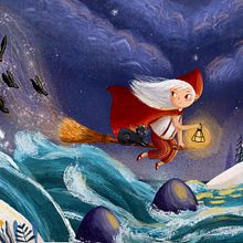 Little witch flying slowly over the sea. Un projet de Illustration jeunesse, Illustration numérique, Peinture numérique , et Album illustré de yulya_zhirenkina - 03.02.2025