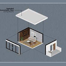 Axonometria explodida de uma sala de estar. Architecture, ArchVIZ, Digital Architecture, Interior Design, Spatial Design, and Digital Illustration project by adrianamarques_santos0 - 02.03.2025