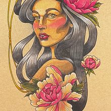 Lady with peonies. Digital Drawing, Digital Illustration, Drawing, and Tattoo Design project by larenaolisetattoo - 02.05.2025
