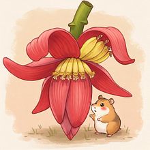 Unexpected Friends: The Red Banana Flower and the Hamster. Digital Illustration, Character Design, Children's Illustration, and Textile Design project by Marie Pham - 02.27.2025