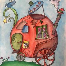 Verrücktes Gefährt - Wer wohnt hier wohl?. Watercolor Painting, and Children's Illustration project by deniseboehme - 03.04.2025