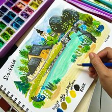 Lake Bohinj, Slovenia. Projekt z dziedziny Sketching,  R, sunek, Trad, c, jna ilustracja,  R, sunek architektoniczn, Sketchbook i Malowanie gwaszami użytkownika Lia Najib - 05.03.2025