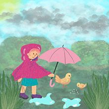 Niña jugando en la lluvia.. Un proyecto de Ilustración infantil, Ilustración digital, Pintura digital y Álbum ilustrado						 de Teresa Beato - 09.03.2025