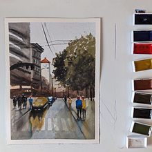 Street scene on a rainy day Ein Projekt aus dem Bereich Aquarellmalerei, Bildende Künste und Architektonische Illustration von sodany_ly - 12.03.2025