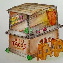 Taquería. Children's Illustration, Traditional illustration, Painting, and Watercolor Painting project by Angel Oviedo - 03.18.2025