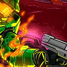 Master Chief en llamas. Un progetto di Illustrazione tradizionale, Illustrazione digitale, Illustrazione vettoriale, Design di poster , Disegno digitale e Fumetto di Luis Perez - 25.03.2025
