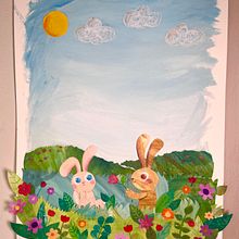 Two bunnies on a flower field  . Kolase, Gambar Pensil Berwarna, Dan Lukisan Guas proyek oleh Hanna Azulay - 03.31.2025