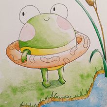 Ilustración en acuarela de la rana Carlota. Un proyecto de Ilustración tradicional, Dibujo, Diseño de personajes, Creatividad e Ilustración infantil de Raquel Muñoz Pérez - 16.04.2025