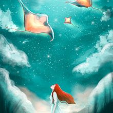 The Dreamer and the Floating Giants. Un progetto di Illustrazione digitale, Disegno e Disegno digitale di Yura Aung - 19.04.2025