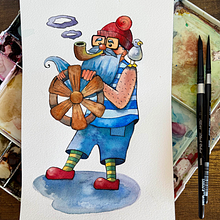Sea Captain. Artistic Drawing, Character Design, Children's Illustration, Drawing, Traditional illustration, Narrative, Painting, Sketching, Stor, telling, and Watercolor Painting project by ritapoutivskaia - 04.28.2025