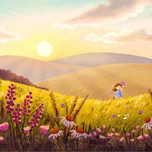 Joyful Meadows at Golden Hour. Projekt z dziedziny Ilustracja c i frowa użytkownika Van Thi Diep - 07.05.2025
