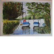 Boats floating calmly in water . Pictură în acuarelă de kylieclaxton1970 - 05.07.2025